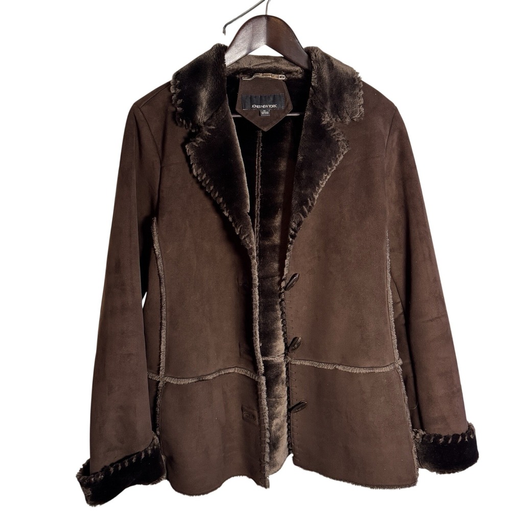 Jones New York Brown‎ Faux Shearling Suede Coat Jacket Womens Medium